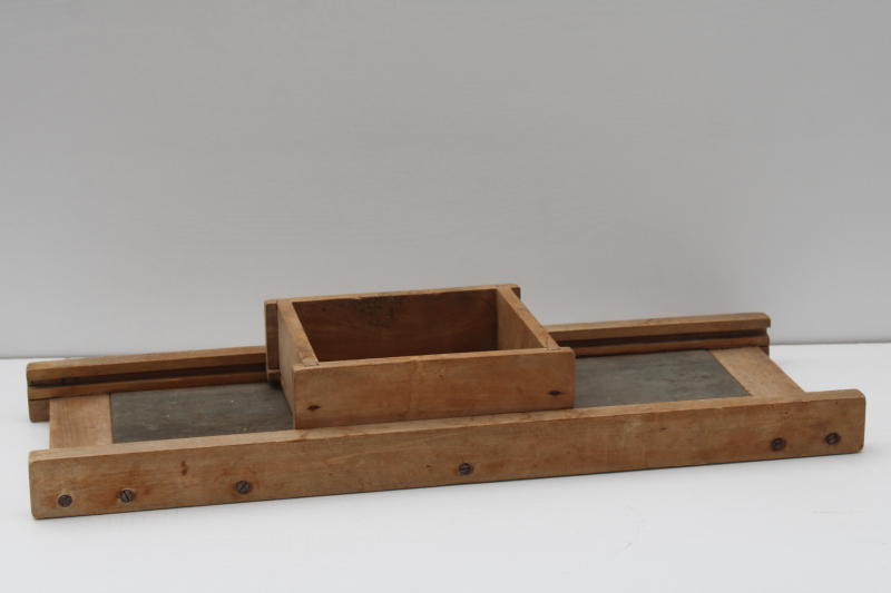 photo of early 1900s vintage wood slaw board w/ cabbage box, Indianapolis brand kraut cutter large bench board #11