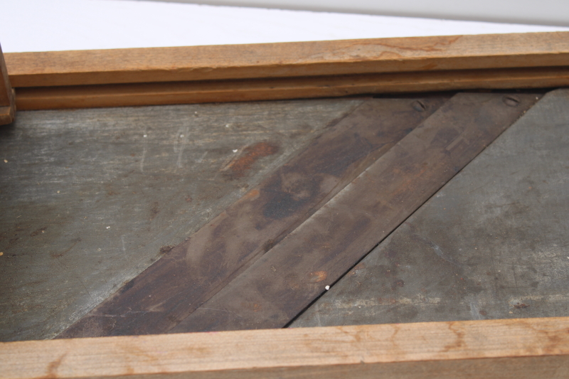 photo of early 1900s vintage wood slaw board w/ cabbage box, Indianapolis brand kraut cutter large bench board #12