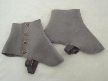 catalog photo of early 1900s vintage wool felt spats, antique grey wool spats 