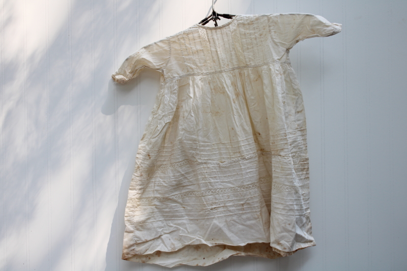 photo of early 1900s vintage worn spotted white cotton baby dress w/ pintucks & lace insertion, antique whites #1
