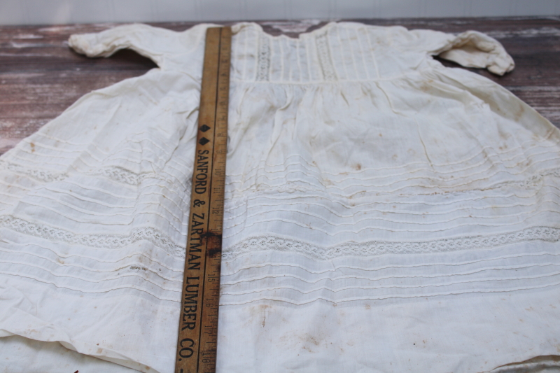 photo of early 1900s vintage worn spotted white cotton baby dress w/ pintucks & lace insertion, antique whites #3