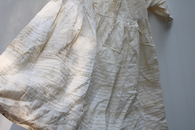 photo of early 1900s vintage worn spotted white cotton baby dress w/ pintucks & lace insertion, antique whites #8