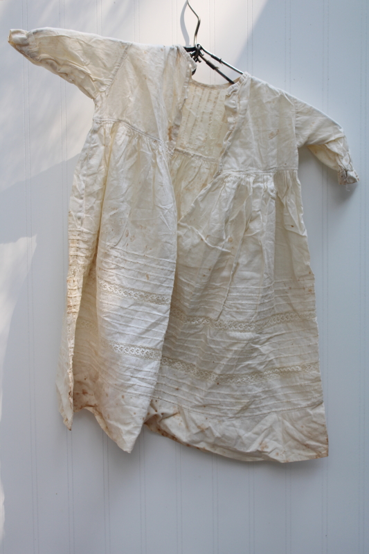photo of early 1900s vintage worn spotted white cotton baby dress w/ pintucks & lace insertion, antique whites #9