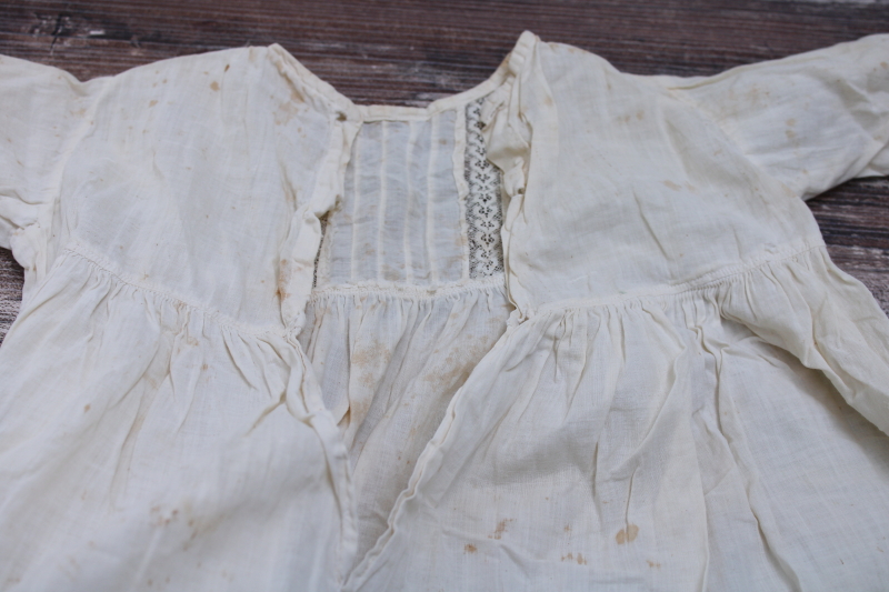 photo of early 1900s vintage worn spotted white cotton baby dress w/ pintucks & lace insertion, antique whites #10