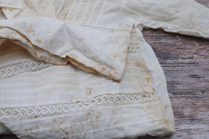 photo of early 1900s vintage worn spotted white cotton baby dress w/ pintucks & lace insertion, antique whites #11