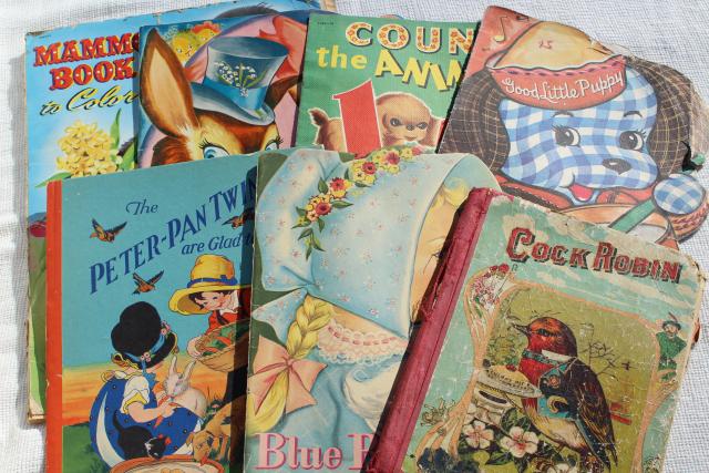 photo of early 50s vintage children's picture books w/ retro cover art illustrations, Easter spring decor #1