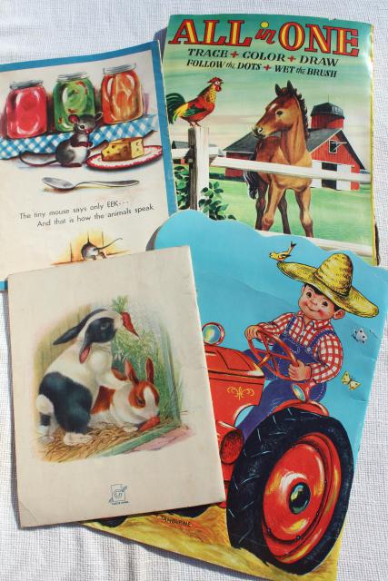 photo of early 50s vintage children's picture books w/ retro cover art illustrations, farm country decor #3