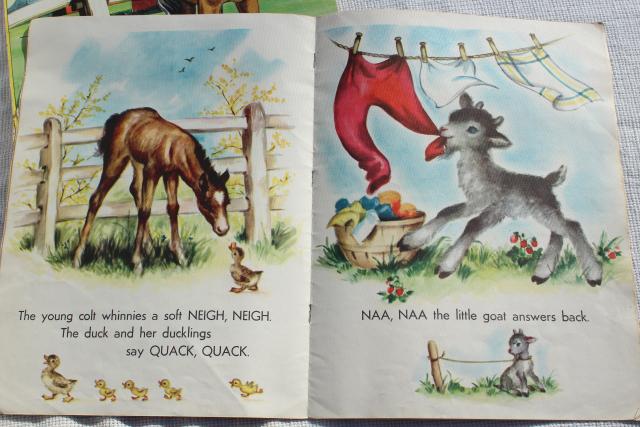 photo of early 50s vintage children's picture books w/ retro cover art illustrations, farm country decor #9