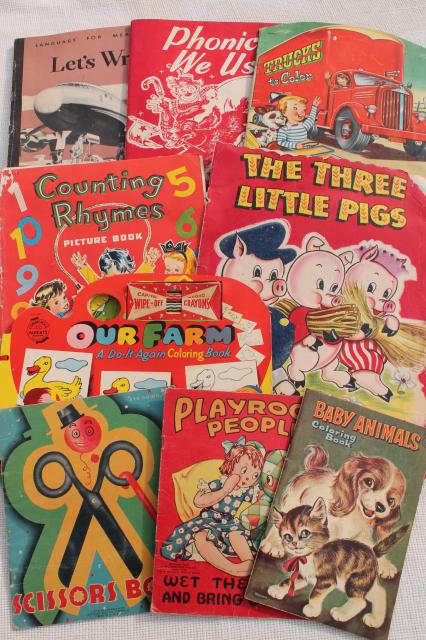 photo of early 50s vintage children's picture books w/ retro cover art illustrations, school learning fun #1