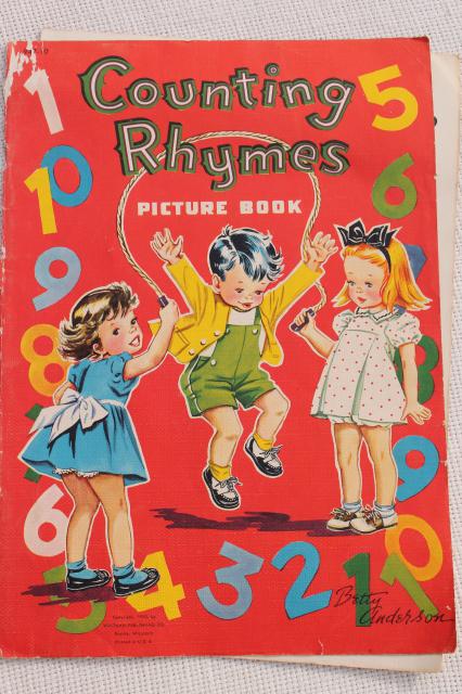 photo of early 50s vintage children's picture books w/ retro cover art illustrations, school learning fun #3