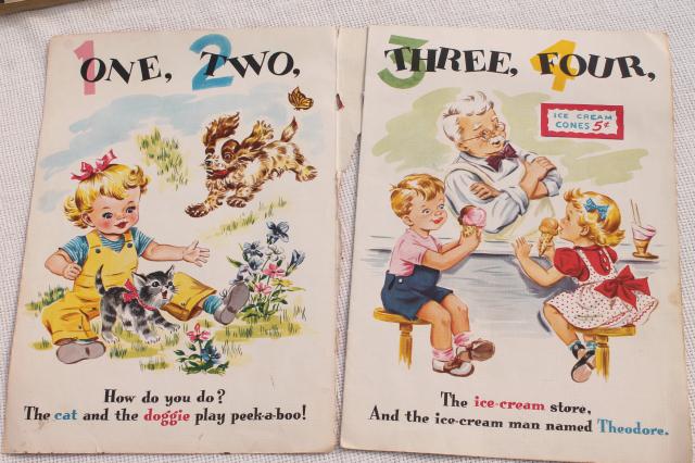 photo of early 50s vintage children's picture books w/ retro cover art illustrations, school learning fun #4