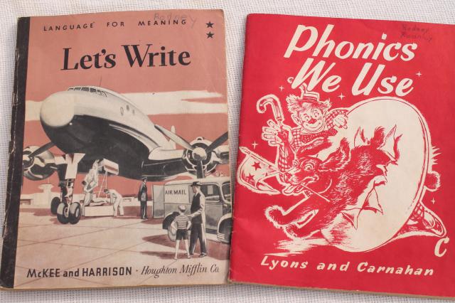 photo of early 50s vintage children's picture books w/ retro cover art illustrations, school learning fun #7