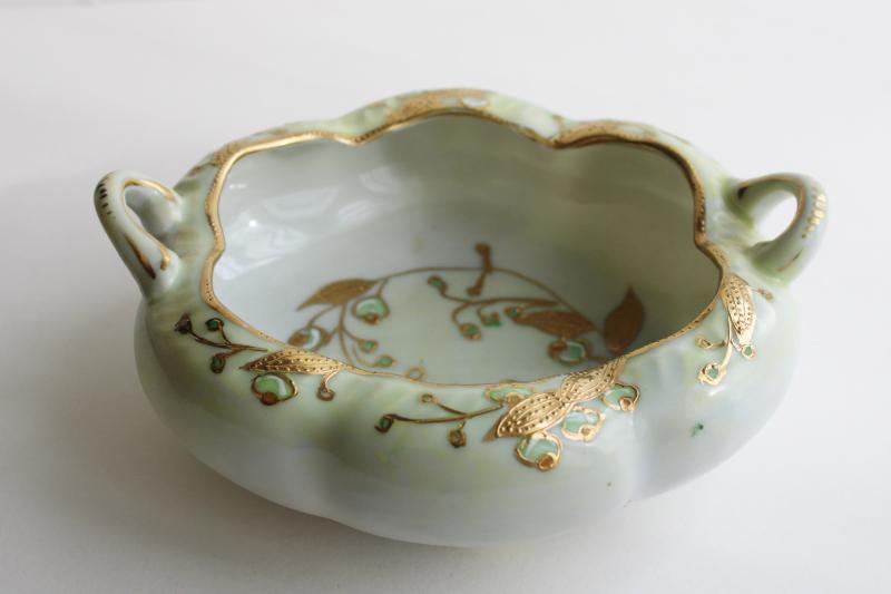 photo of early Japan mark hand painted gold moriage china dish, melon shaped bowl w/ handles #1