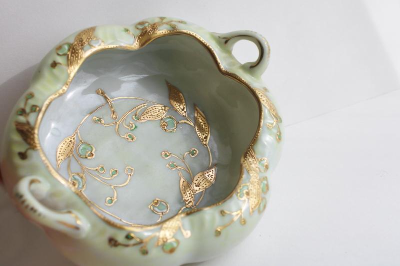 photo of early Japan mark hand painted gold moriage china dish, melon shaped bowl w/ handles #2