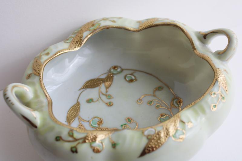 photo of early Japan mark hand painted gold moriage china dish, melon shaped bowl w/ handles #7