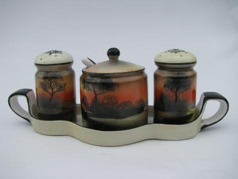 photo of early Noritake china condiment set, salt & pepper, mustard pot, hand-painted landscapes #1