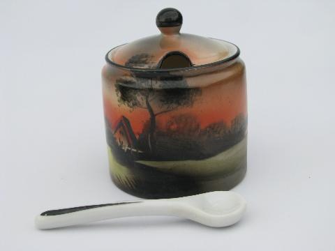 photo of early Noritake china condiment set, salt & pepper, mustard pot, hand-painted landscapes #3