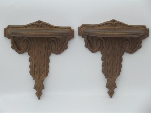 photo of early Syroco Wood pressed wood wall shelves, antique bracket shelves set #1