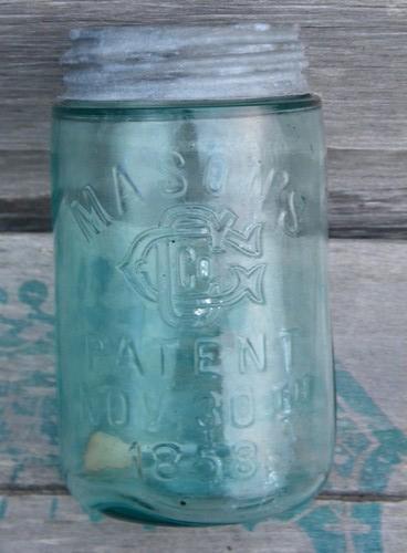 photo of early antique 1 pint 1858 Mason's Patent blue glass fruit jar zinc cap #1