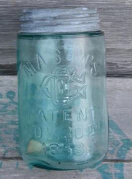 catalog photo of early antique 1 pint 1858 Mason's Patent blue glass fruit jar zinc cap