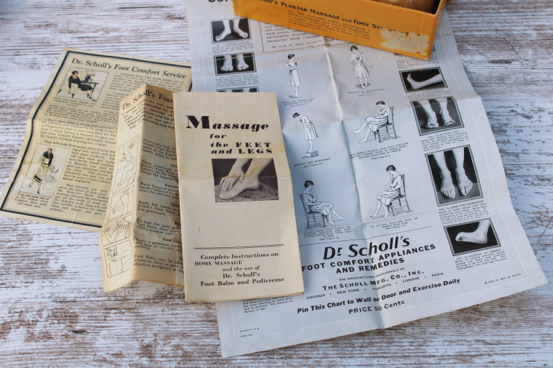 photo of early antique Dr Scholl's advertising leaflets & wood foot massage tools in original box 1930s vintage  #3