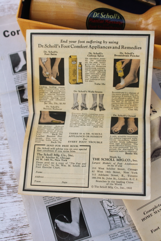 photo of early antique Dr Scholl's advertising leaflets & wood foot massage tools in original box 1930s vintage  #5