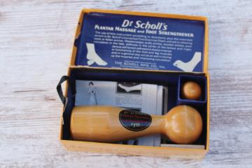 catalog photo of early antique Dr Scholl's advertising leaflets & wood foot massage tools in original box 1930s vintage 