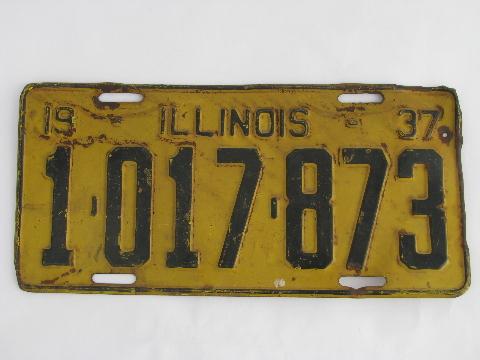 photo of early auto license plate, vintage 1937 yellow & black Illinois #1