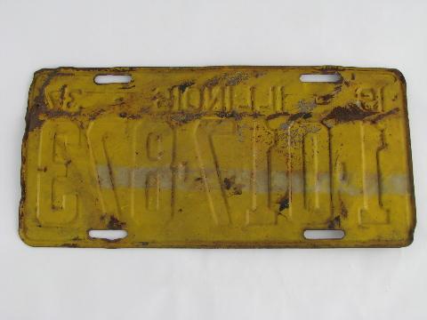 photo of early auto license plate, vintage 1937 yellow & black Illinois #2