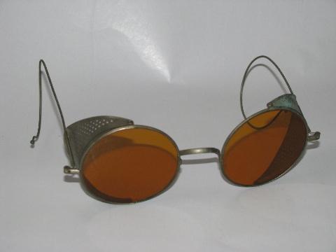 photo of early automobile or motorcycle vintage driving safety goggles w/pierced metal shields #1