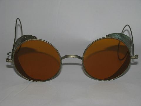 photo of early automobile or motorcycle vintage driving safety goggles w/pierced metal shields #2