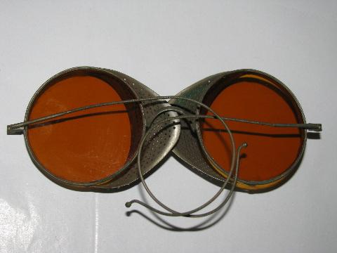 photo of early automobile or motorcycle vintage driving safety goggles w/pierced metal shields #3