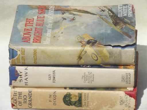 photo of early aviation adventure series books, 20s vintage pulp cover art jackets #1