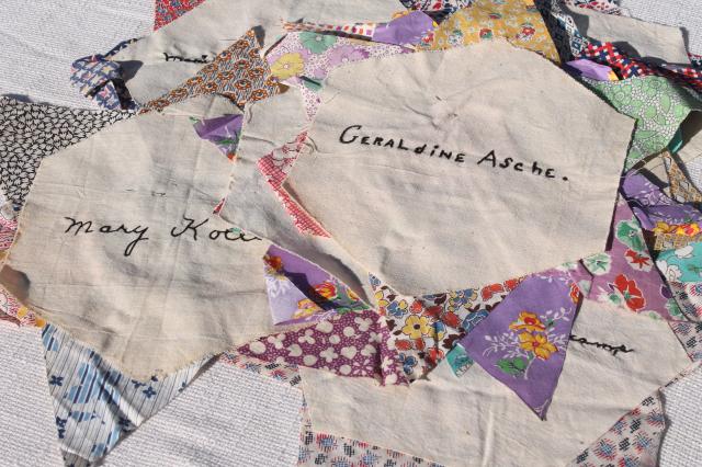 photo of early century vintage friendship quilt blocks, cotton patchwork stars, embroidered album spacers #1