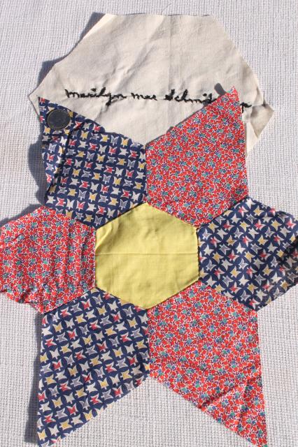 photo of early century vintage friendship quilt blocks, cotton patchwork stars, embroidered album spacers #2