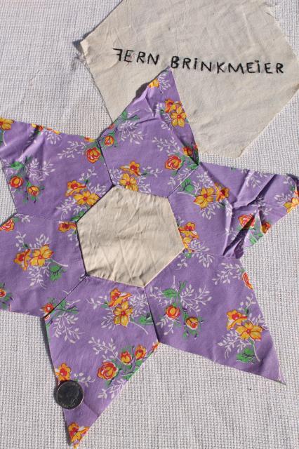 photo of early century vintage friendship quilt blocks, cotton patchwork stars, embroidered album spacers #7