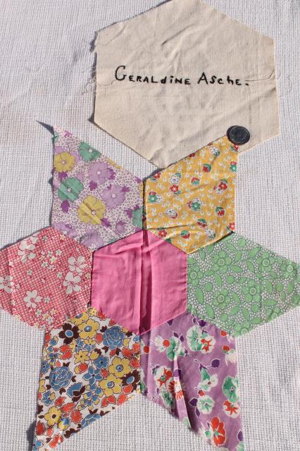 photo of early century vintage friendship quilt blocks, cotton patchwork stars, embroidered album spacers #8