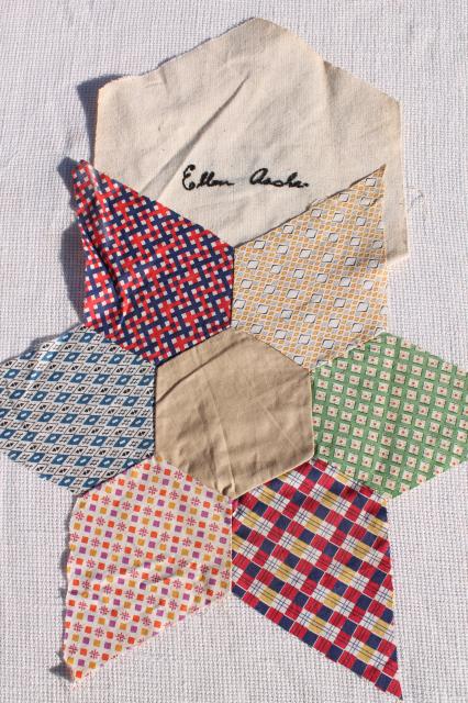 photo of early century vintage friendship quilt blocks, cotton patchwork stars, embroidered album spacers #9