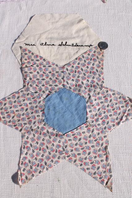 photo of early century vintage friendship quilt blocks, cotton patchwork stars, embroidered album spacers #11