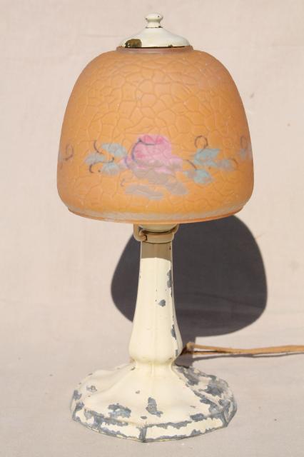 photo of early electric light, antique cast metal lamp w/ original reverse painted glass lampshade #1