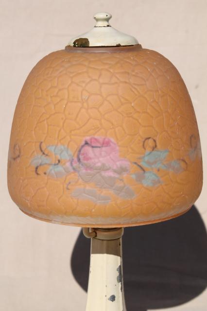 photo of early electric light, antique cast metal lamp w/ original reverse painted glass lampshade #5