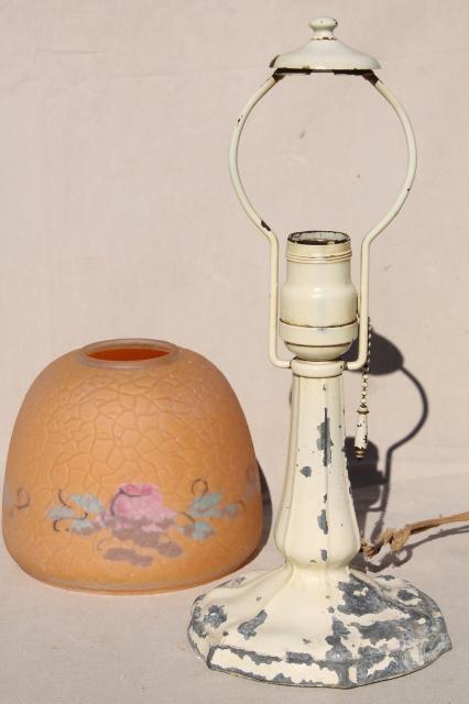 photo of early electric light, antique cast metal lamp w/ original reverse painted glass lampshade #6