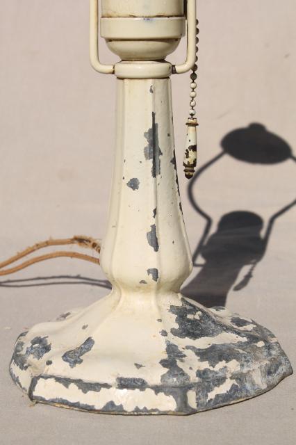 photo of early electric light, antique cast metal lamp w/ original reverse painted glass lampshade #11