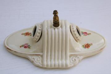 catalog photo of early electric light fixture, vintage Porcelier ceiling flush mount two lights, cottage style floral