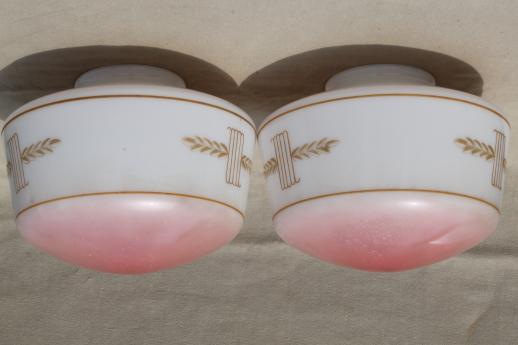 photo of early electric light shades, painted milk glass schoolhouse pendant lamp shade pair ca. 1920 #2