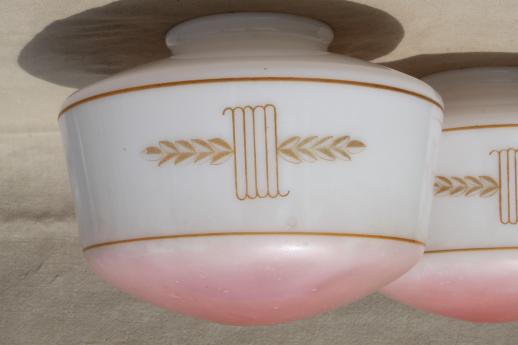 photo of early electric light shades, painted milk glass schoolhouse pendant lamp shade pair ca. 1920 #3