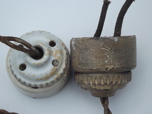 photo of early electric pendant light ceiling fixtures, old cord and antique brass sockets #6