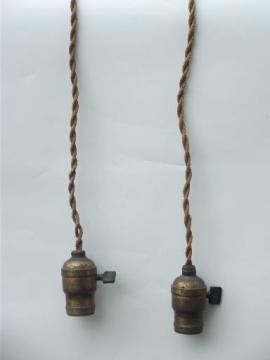 catalog photo of early electric pendant light ceiling fixtures, old cord and antique brass sockets