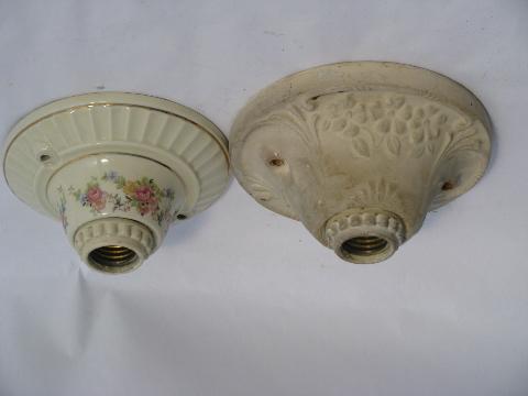 photo of early electric pull-chain light ceiling fixtures, vintage floral Porcelier lights #1