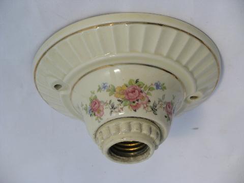 photo of early electric pull-chain light ceiling fixtures, vintage floral Porcelier lights #2